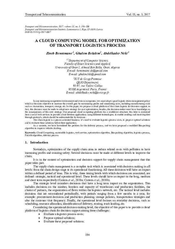 (PDF) A Cloud Computing Model for Optimization of Transport Logistics ...