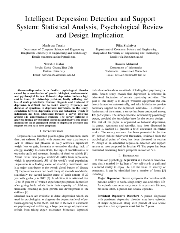 (PDF) Intelligent depression detection and support system: Statistical ...