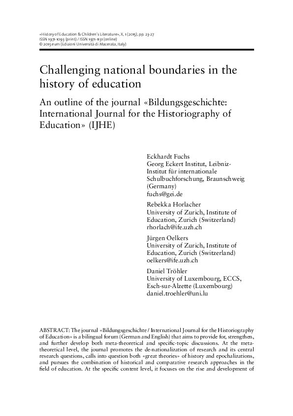 (PDF) Challenging national boundaries in the history of education. An ...
