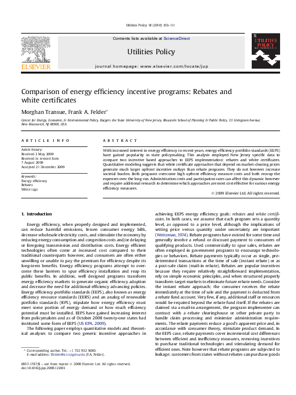 (PDF) Comparison of energy efficiency incentive programs: Rebates and ...