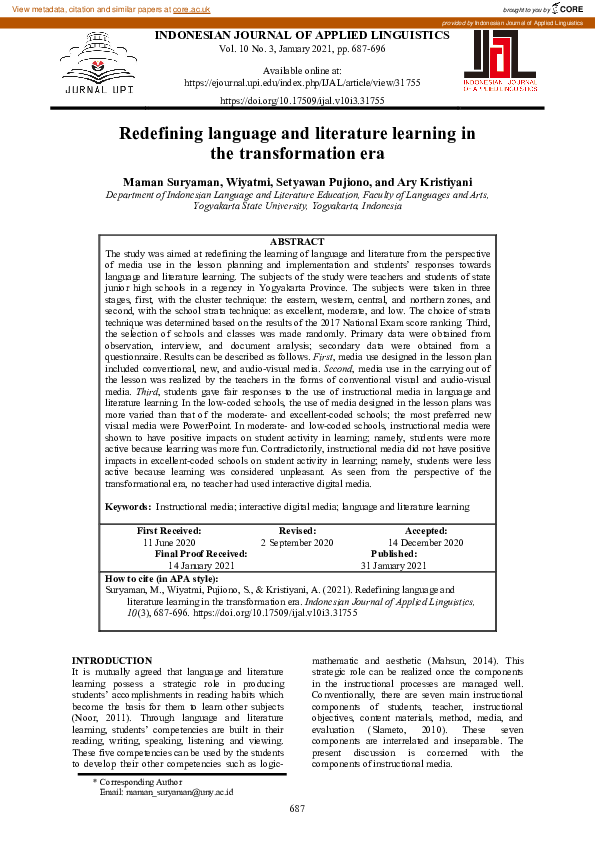 (PDF) Redefining language and literature learning in the transformation era