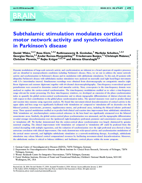 (PDF) Subthalamic stimulation modulates cortical motor network activity ...