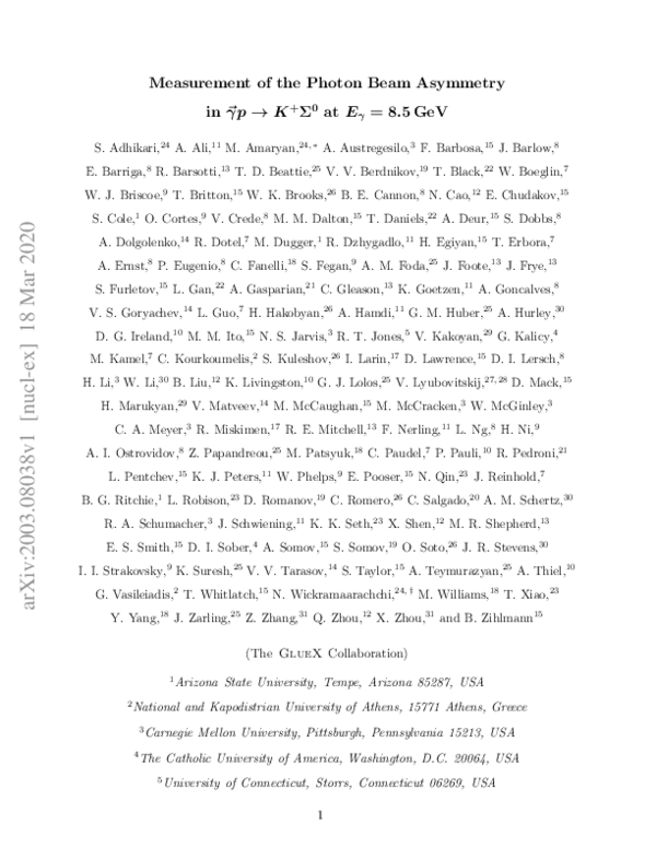 (PDF) Measurement of the photon beam asymmetry in γ⃗p→K+Σ0 at Eγ=8.5 GeV