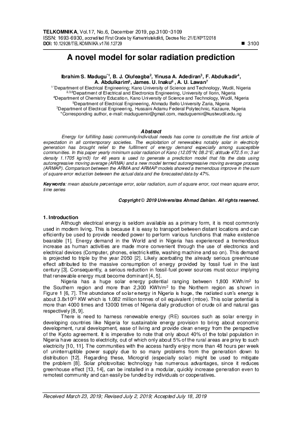 (PDF) A novel model for solar radiation prediction | John Inaku ...