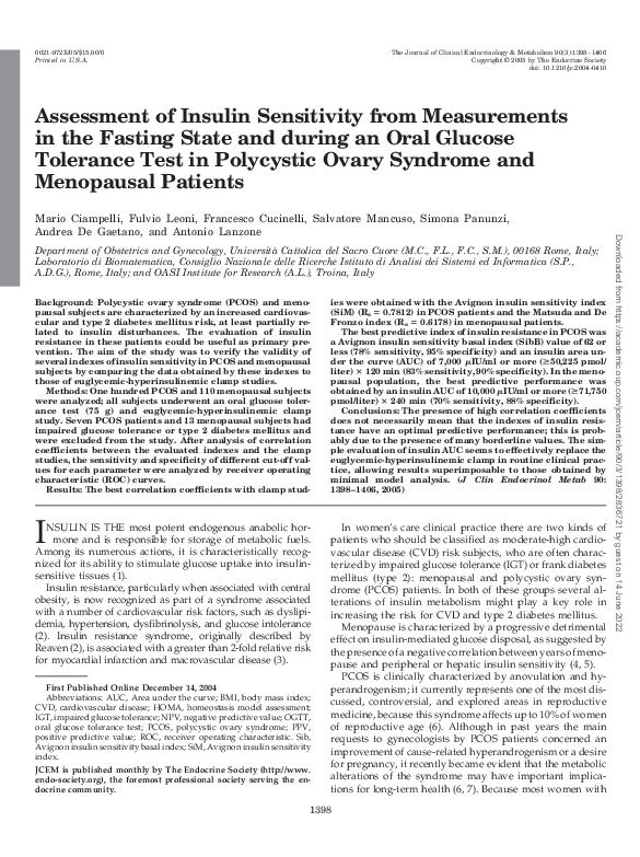 (PDF) Assessment of Insulin Sensitivity from Measurements in the ...