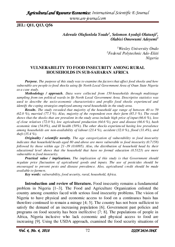 (PDF) Vulnerability to food insecurity among rural households in Sub ...