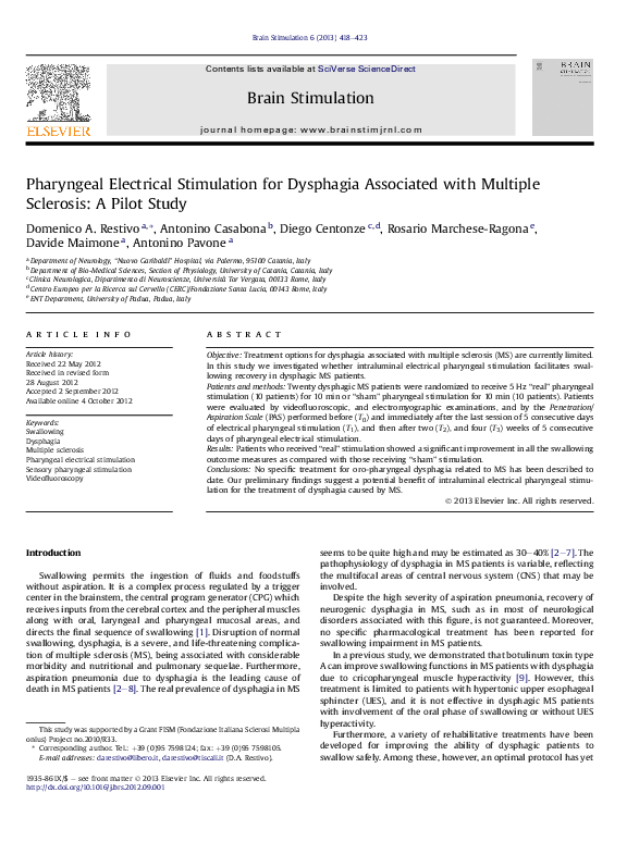 Pharyngeal Electrical Stimulation for Dysphagia Associated with Multiple Sclerosis: A Pilot Study