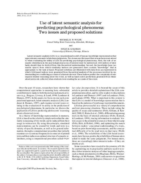 (PDF) Use of latent semantic analysis for predicting psychological ...