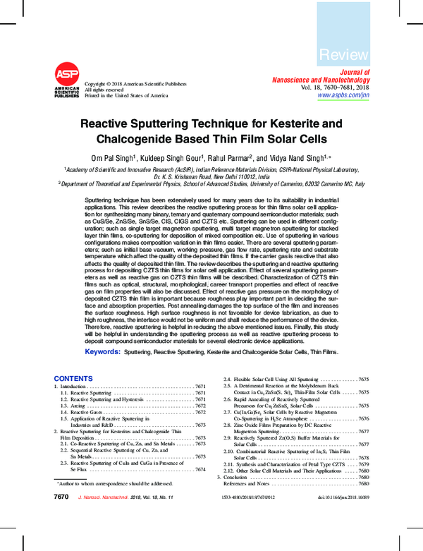(PDF) Reactive Sputtering Technique for Kesterite and Chalcogenide ...