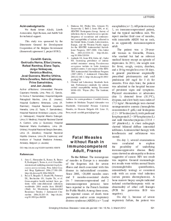(PDF) Fatal Measles without Rash in Immunocompetent Adult, France