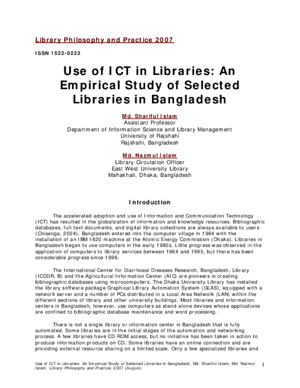 (PDF) Use of ICT In Libraries: An Empirical Study of Selected Libraries ...