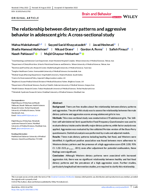 (PDF) The relationship between dietary patterns and aggressive behavior ...