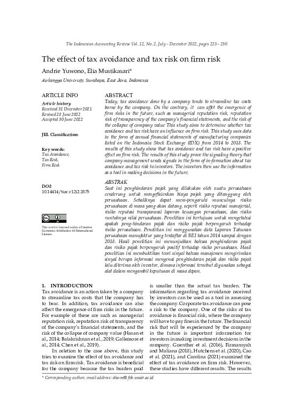 (PDF) The effect of tax avoidance and tax risk on frm risk