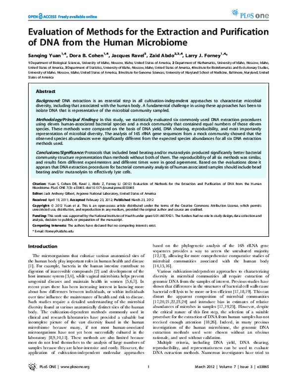 (PDF) Evaluation of Methods for the Extraction and Purification of DNA ...
