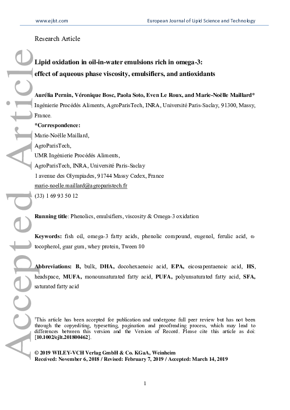 (PDF) Lipid Oxidation in Oil‐in‐Water Emulsions Rich in Omega‐3 Effect