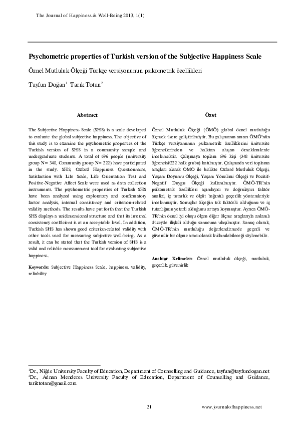 (PDF) Psychometric properties of Turkish version of the Subjective ...