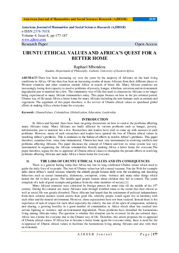 (PDF) Ubuntu Ethical Values and Africa’s Quest for a Better Home