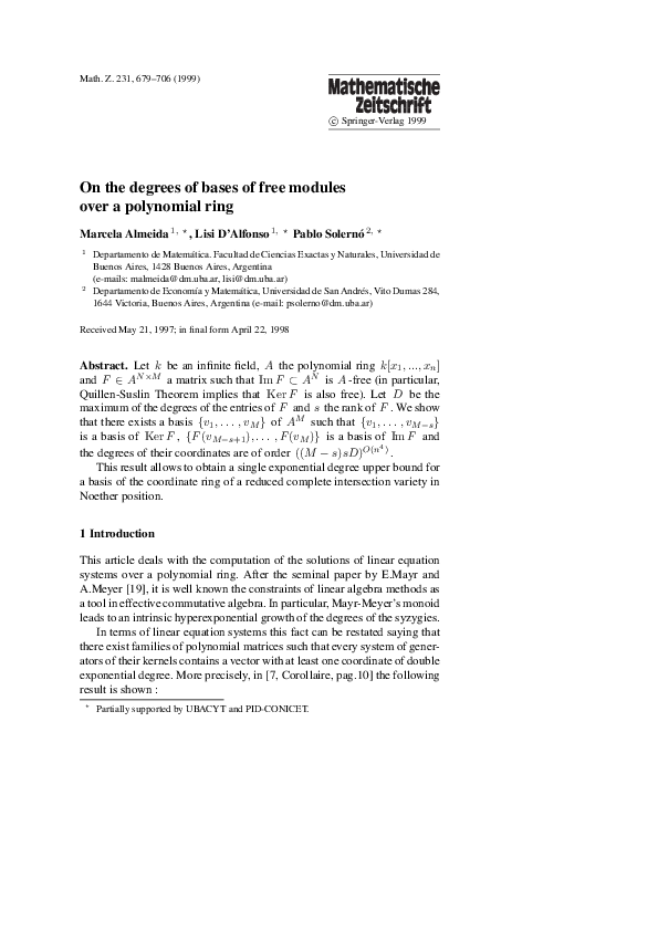 (PDF) On the degrees of bases of free modulesover a polynomial ring