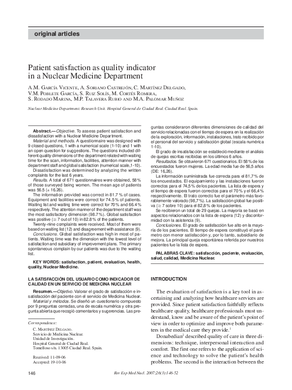 (PDF) Patient satisfaction as quality indicator in a Nuclear Medicine ...