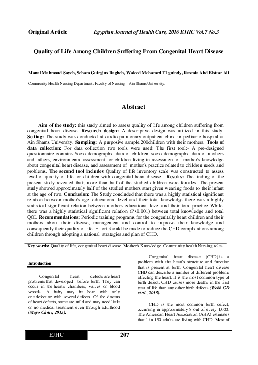 (PDF) Quality of Life Among Children Suffering From Congenital Heart ...