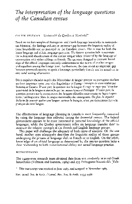 (PDF) The interpretation of the language questions of the Canadian census