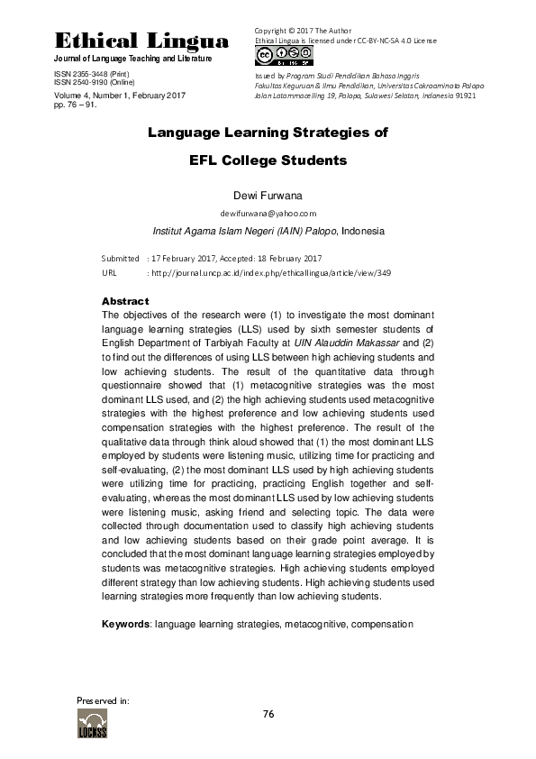 (PDF) Language Learning Strategies of EFL College Students
