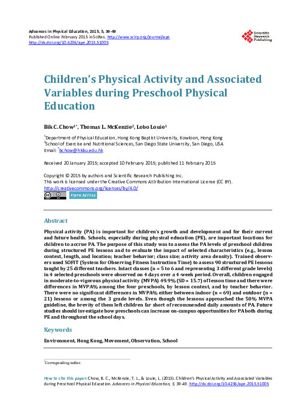 (PDF) Children’s Physical Activity and Associated Variables during ...