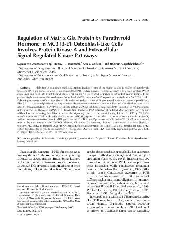 (PDF) Regulation of matrix Gla protein by parathyroid hormone in MC3T3 ...