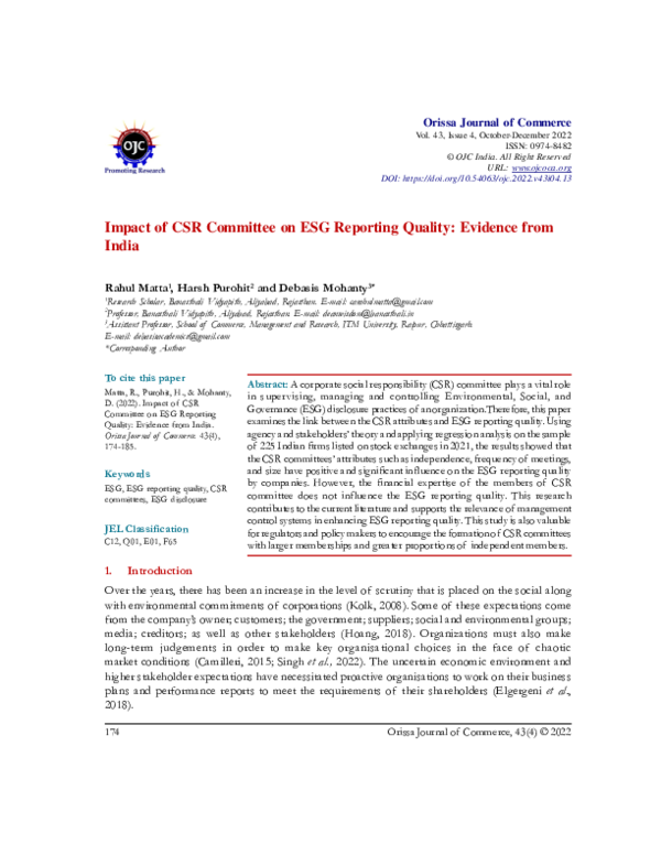 (PDF) Impact of CSR Committee on ESG Reporting Quality: Evidence from India