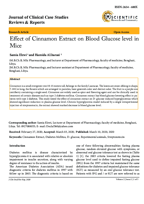 (PDF) Effect of Cinnamon Extract on Blood Glucose level in Mice