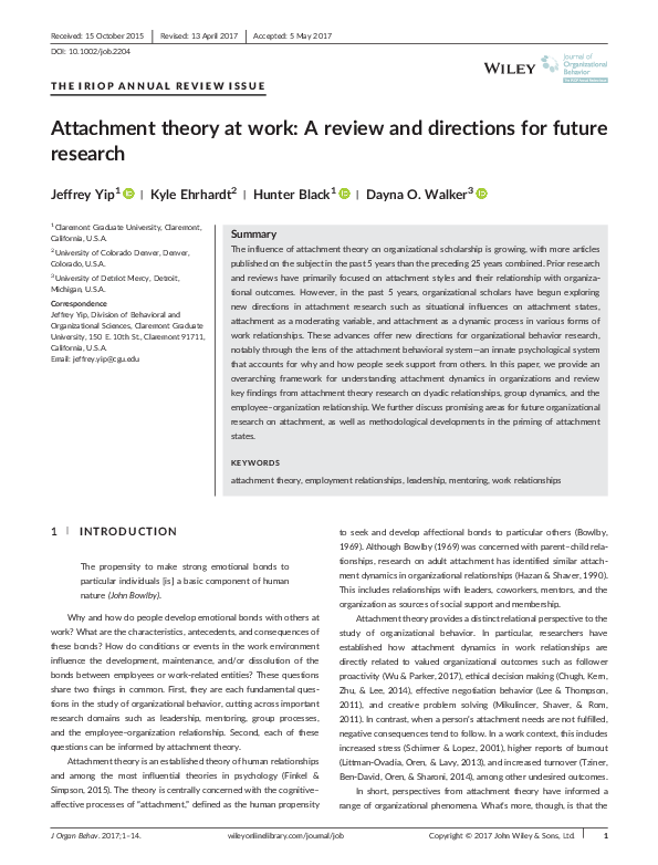 (PDF) Attachment theory at work: A review and directions for future ...