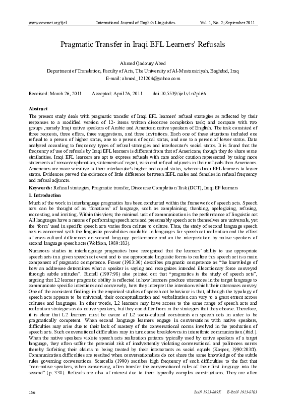 (PDF) Pragmatic Transfer in Iraqi EFL Learners' Refusals