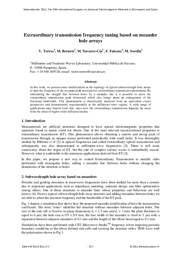 (PDF) Extraordinary transmission frequency tuning based on meander hole ...