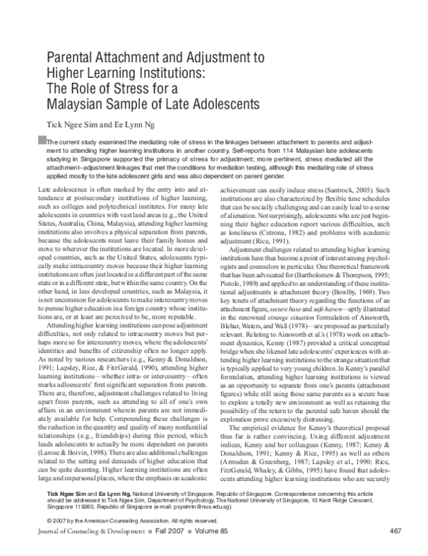 (PDF) Parental Attachment and Adjustment to Higher Learning ...