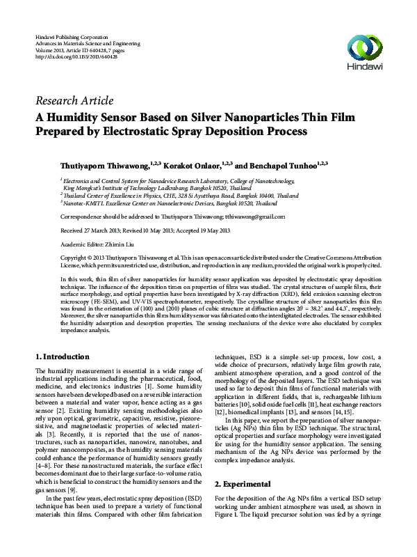 (PDF) A Humidity Sensor Based on Silver Nanoparticles Thin Film ...