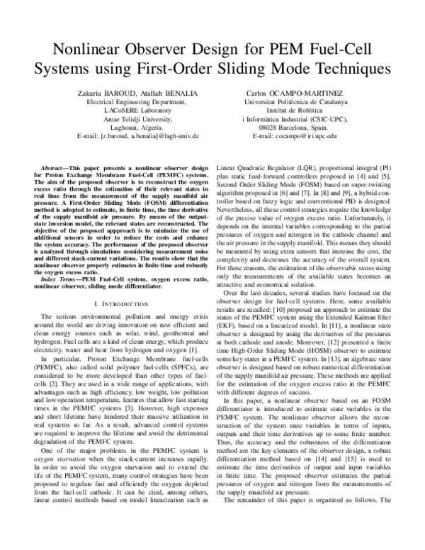 (PDF) Nonlinear observer design for PEM fuel-cell systems using first ...
