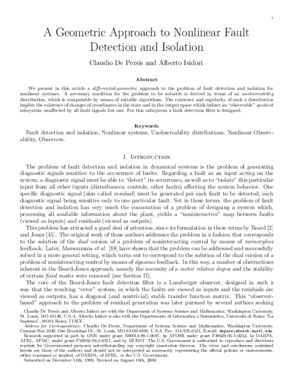 (PDF) A geometric approach to nonlinear fault detection and isolation