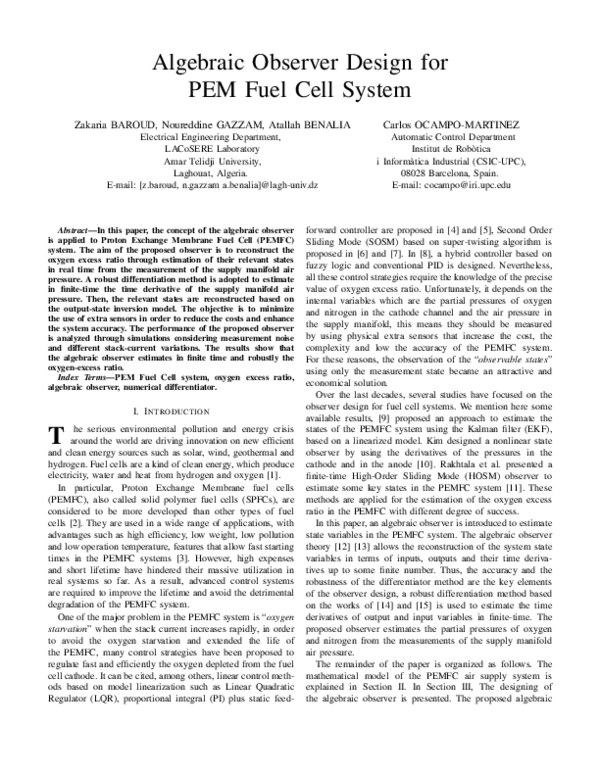 (PDF) Algebraic observer design for PEM fuel cell system | Atallah ...
