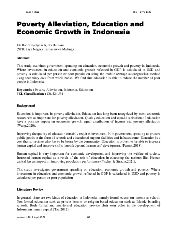 (PDF) Poverty Alleviation, Education and Economic Growth in Indonesia