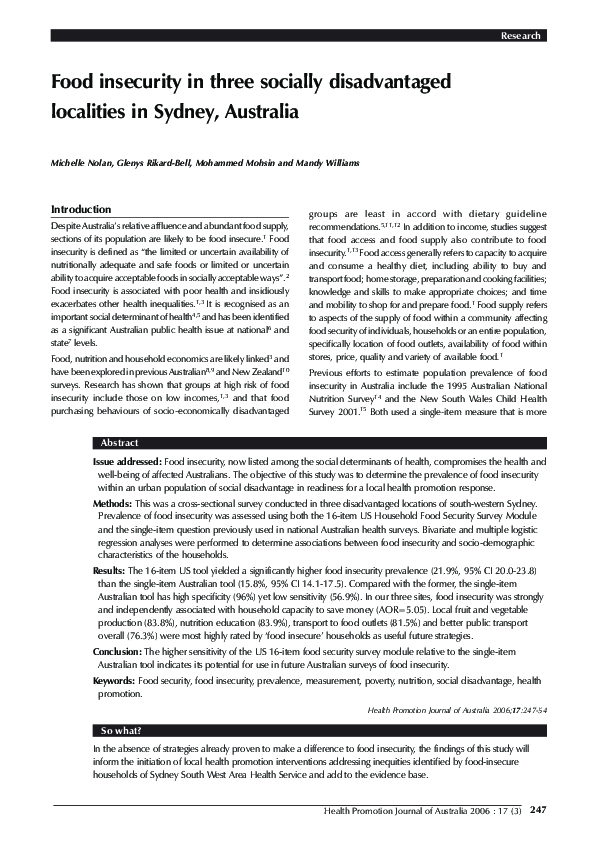(PDF) Food insecurity in three socially disadvantaged localities in ...