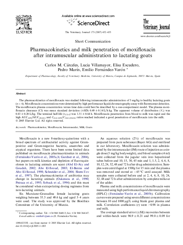 (PDF) Pharmacokinetics and milk penetration of moxifloxacin after ...