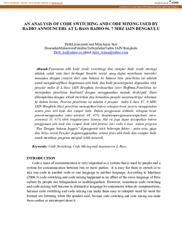 (PDF) An Analysis of Code Switching and Code Mixing Used by Radio ...