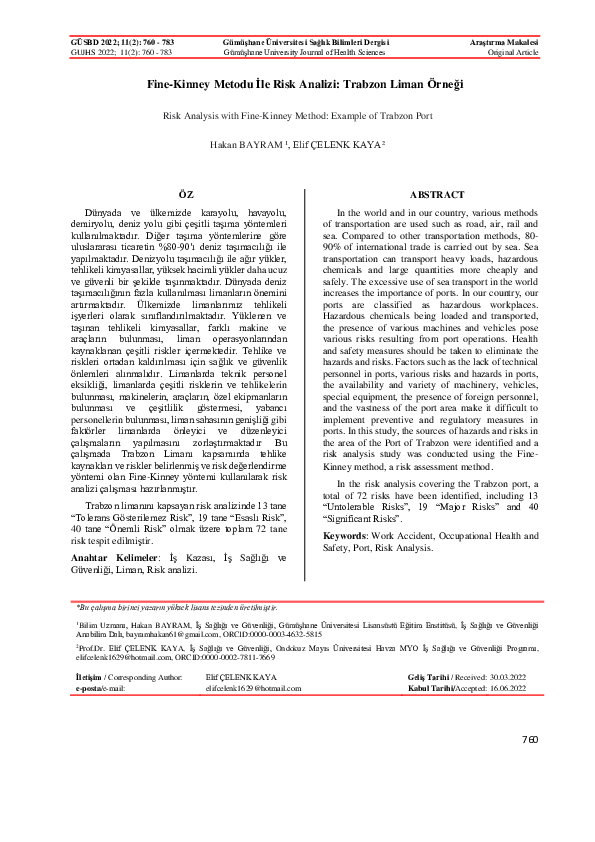 (PDF) Risk Analysis with Fine-Kinney Method: Example of Trabzon Port