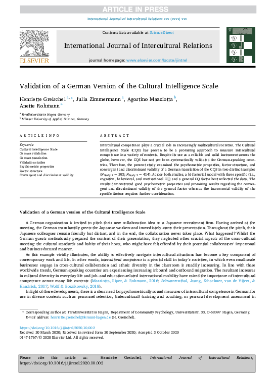 (PDF) Validation of a German Version of the Cultural Intelligence Scale
