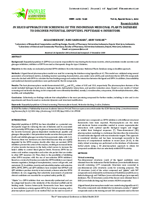 (PDF) IN SILICO APPROACH FOR SCREENING OF THE INDONESIAN MEDICINAL ...