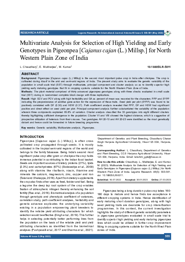 (PDF) Multivariate Analysis for Selection of High Yielding and Early ...