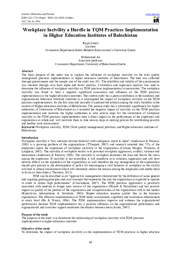 (PDF) Workplace Incivility a Hurdle in TQM Practices Implementation in ...