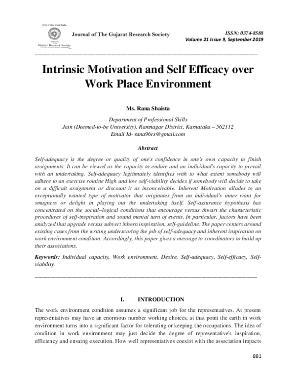 (PDF) Intrinsic Motivation and Self Efficacy over Work Place Environment