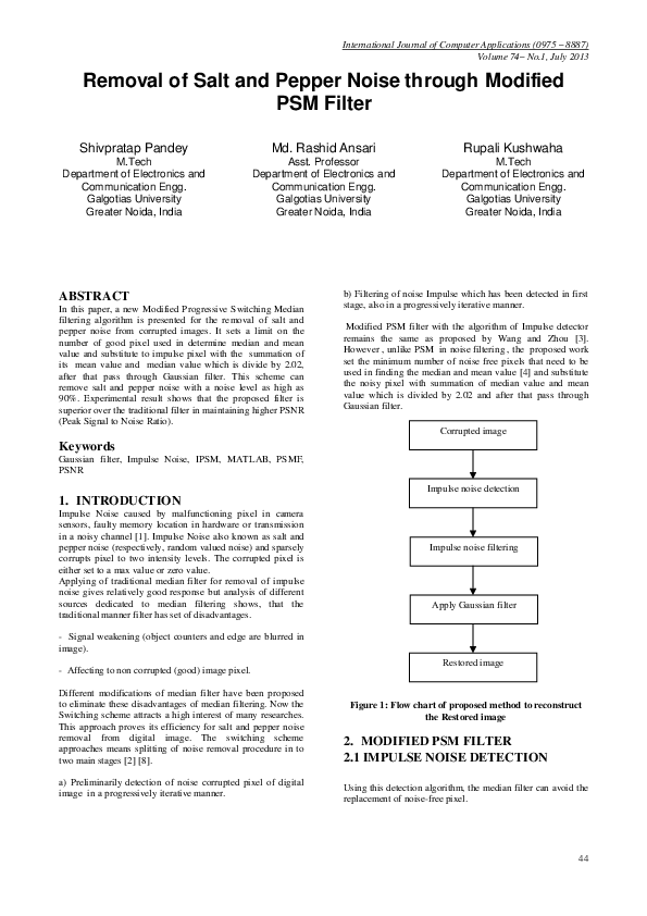 (PDF) Removal of Salt and Pepper Noise through Modified PSM Filter