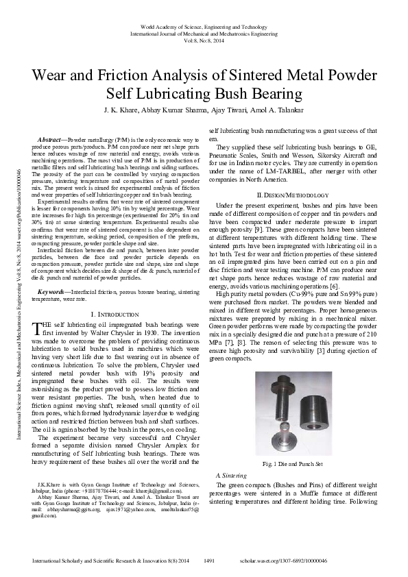 (PDF) Wear And Friction Analysis Of Sintered Metal Powder Self ...